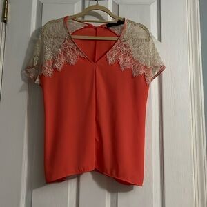Boutique Coral and Lace Trimmed Top